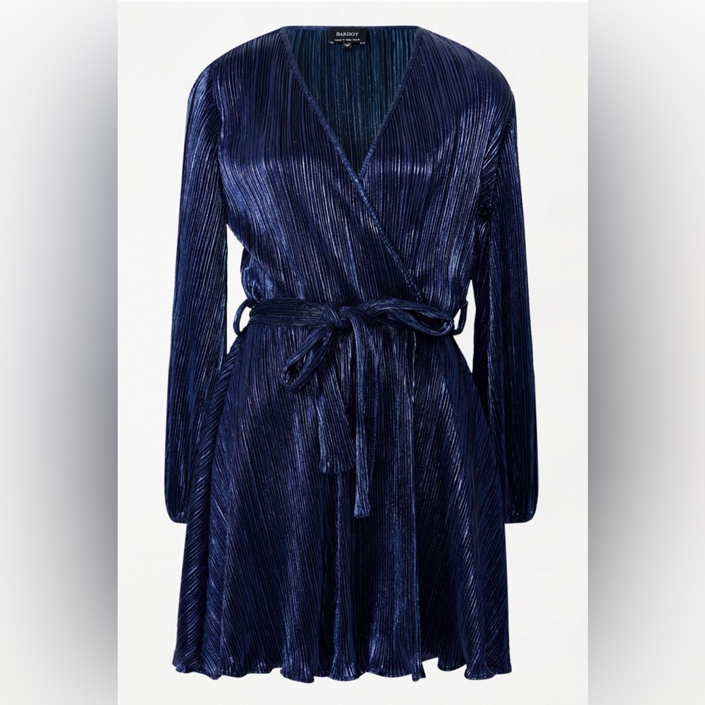 Bardot Belissa navy shimmer pleated faux wrap dress size 6 - Picture 6 of 15